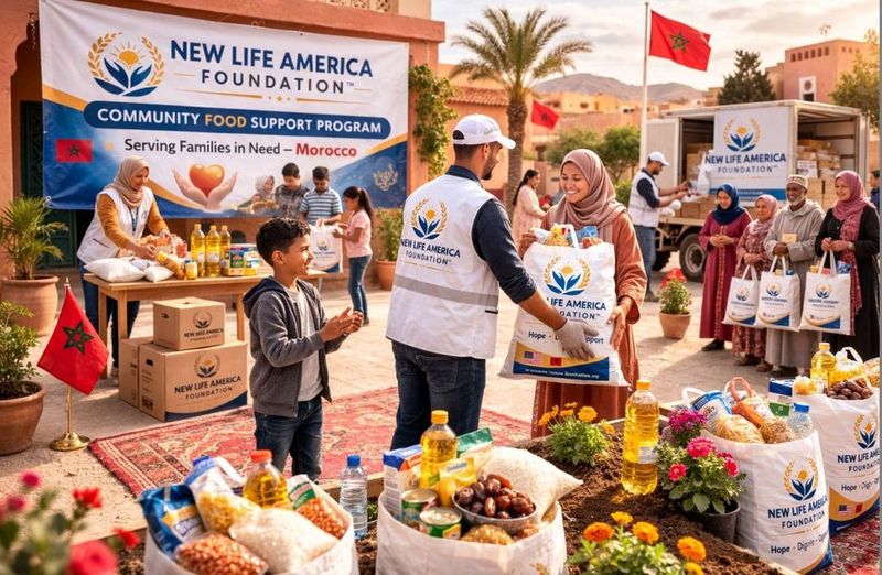 Volunteers distributing food packages to families near Marakech, Morocco